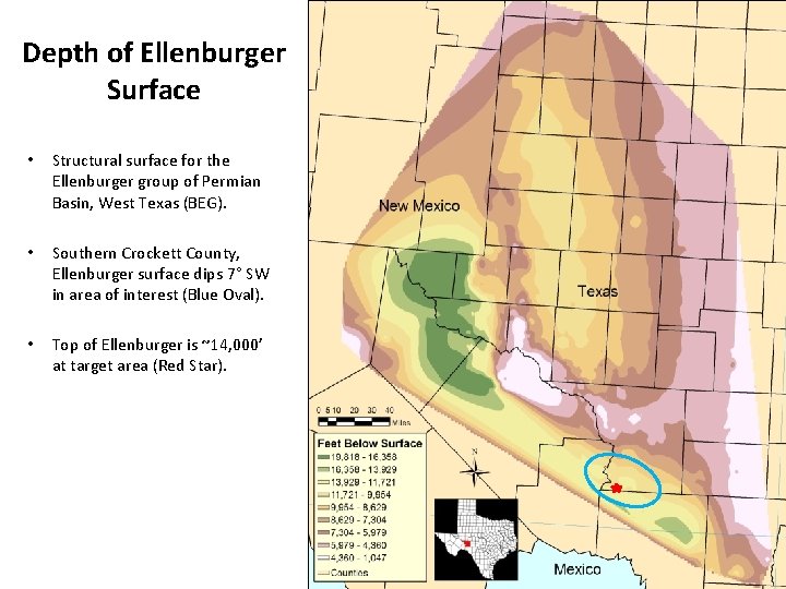 Depth of Ellenburger Surface • Structural surface for the Ellenburger group of Permian Basin,