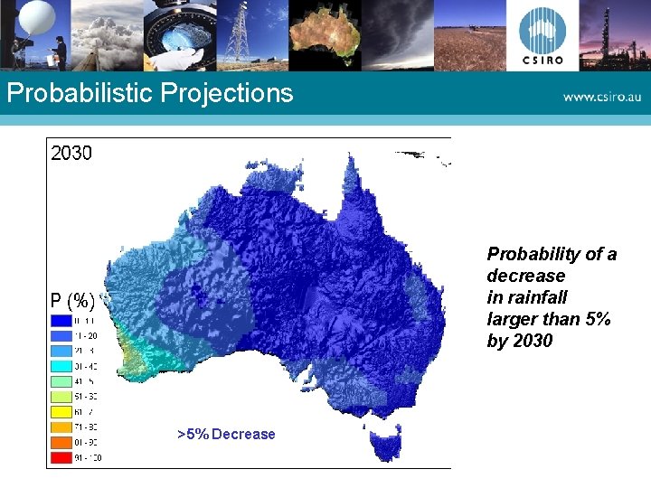 Probabilistic Projections Probability of a decrease in rainfall larger than 5% by 2030 >5% Probabilistic Projections Probability of a decrease in rainfall larger than 5% by 2030 >5%