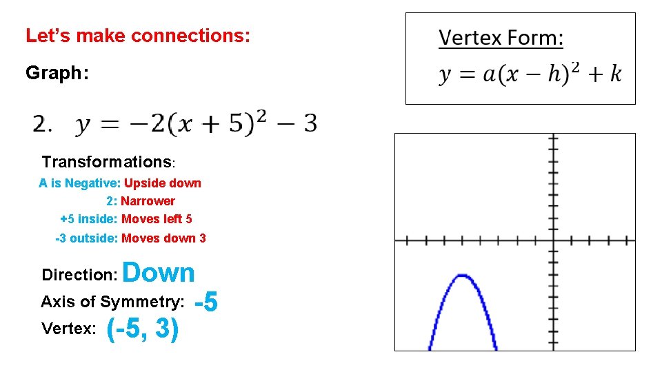 Let’s make connections: Graph: Transformations: A is Negative: Upside down 2: Narrower +5 inside:
