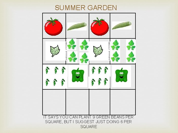 SUMMER GARDEN IT SAYS YOU CAN PLANT 9 GREEN BEANS PER SQUARE, BUT I