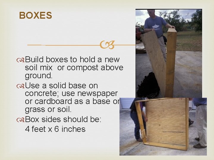 BOXES Build boxes to hold a new soil mix or compost above ground. Use