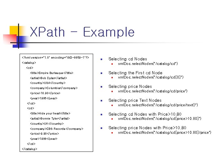 XPath - Example <? xml version="1. 0" encoding="ISO-8859 -1"? > n <catalog> Selecting cd