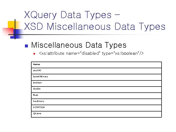 XQuery Data Types – XSD Miscellaneous Data Types n <xs: attribute name="disabled" type="xs: boolean"/>