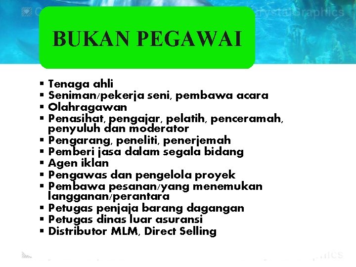 BUKAN PEGAWAI § Tenaga ahli § Seniman/pekerja seni, pembawa acara § Olahragawan § Penasihat,