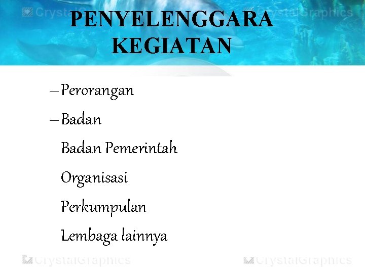 PENYELENGGARA KEGIATAN – Perorangan – Badan Pemerintah Organisasi Perkumpulan Lembaga lainnya 