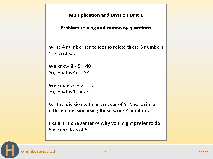 Multiplication and Division Unit 1 Problem solving and reasoning questions Write 4 number sentences