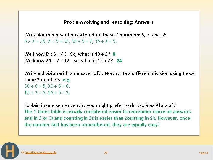 Problem solving and reasoning: Answers Write 4 number sentences to relate these 3 numbers: