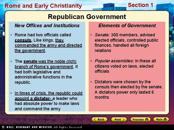 Section 1 Rome and Early Christianity Republican Government New Offices and Institutions Elements of