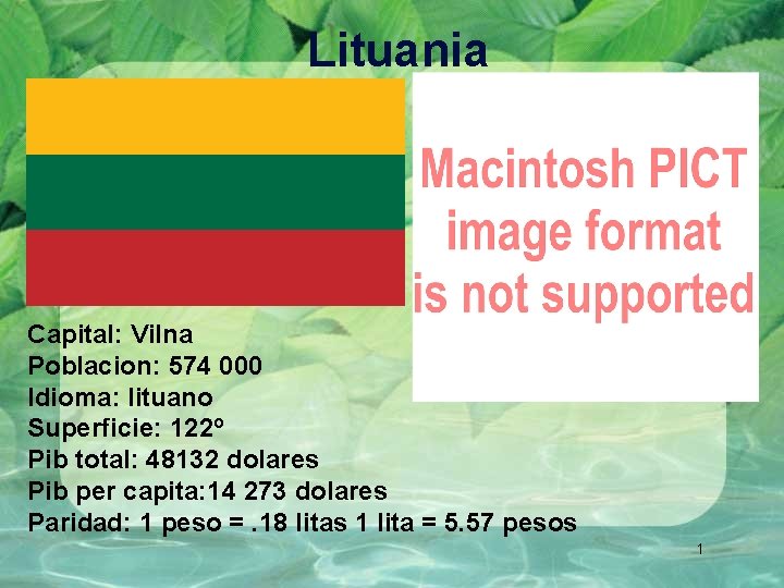 Lituania Capital: Vilna Poblacion: 574 000 Idioma: lituano Superficie: 122º Pib total: 48132 dolares