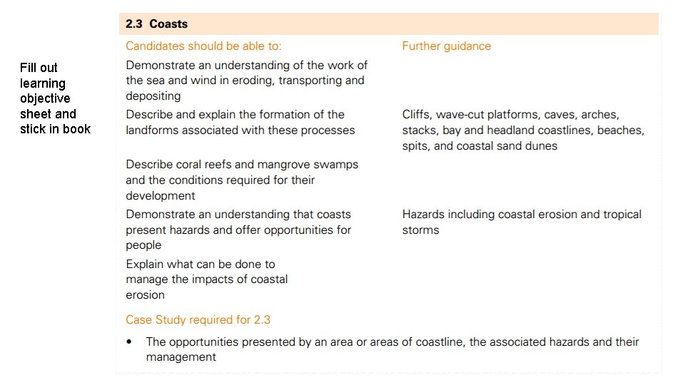 Fill out learning objective sheet and stick in book 