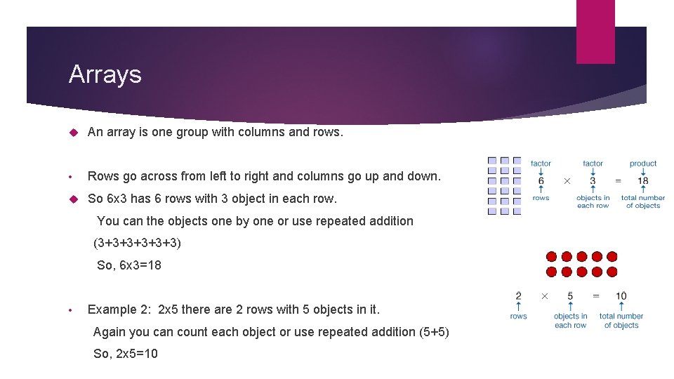 Arrays An array is one group with columns and rows. • Rows go across