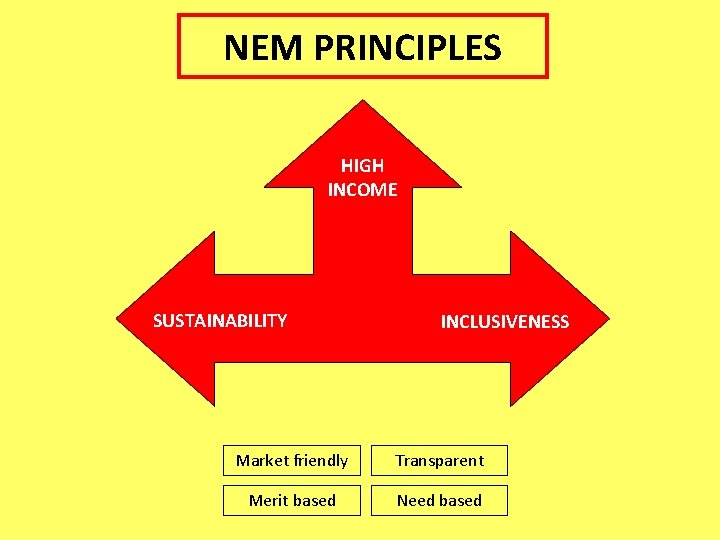 NEM PRINCIPLES HIGH INCOME SUSTAINABILITY INCLUSIVENESS Market friendly Transparent Merit based Need based 