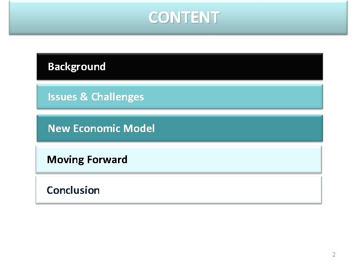 CONTENT Background Issues & Challenges New Economic Model Moving Forward Conclusion 2 