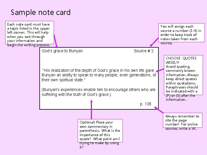 Sample note card Each note card must have a topic listed in the upper