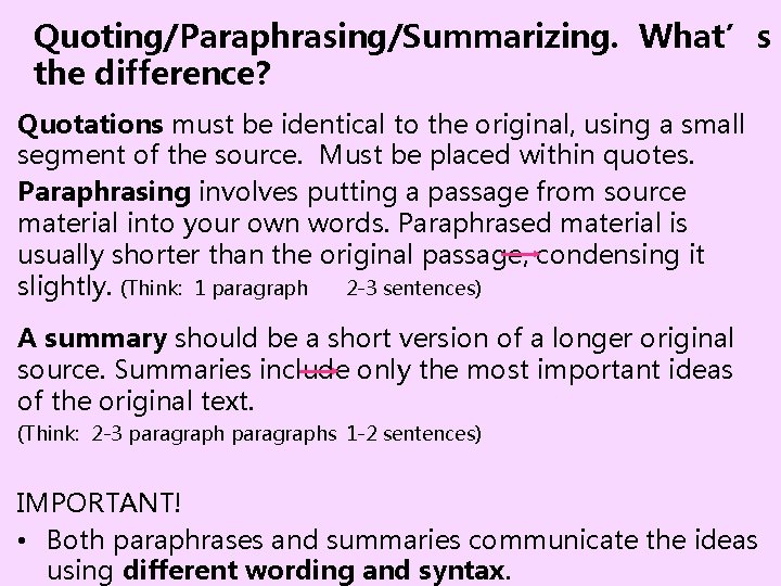 Quoting/Paraphrasing/Summarizing. What’s the difference? Quotations must be identical to the original, using a small