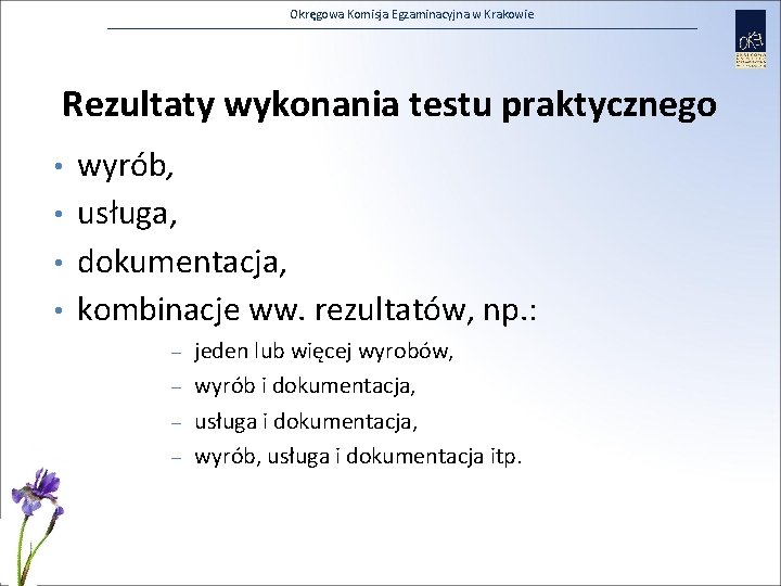 Okręgowa Komisja Egzaminacyjna w Krakowie Rezultaty wykonania testu praktycznego • • wyrób, usługa, dokumentacja,