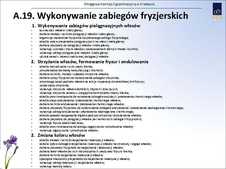 Okręgowa Komisja Egzaminacyjna w Krakowie A. 19. Wykonywanie zabiegów fryzjerskich 1. Wykonywanie zabiegów pielęgnacyjnych