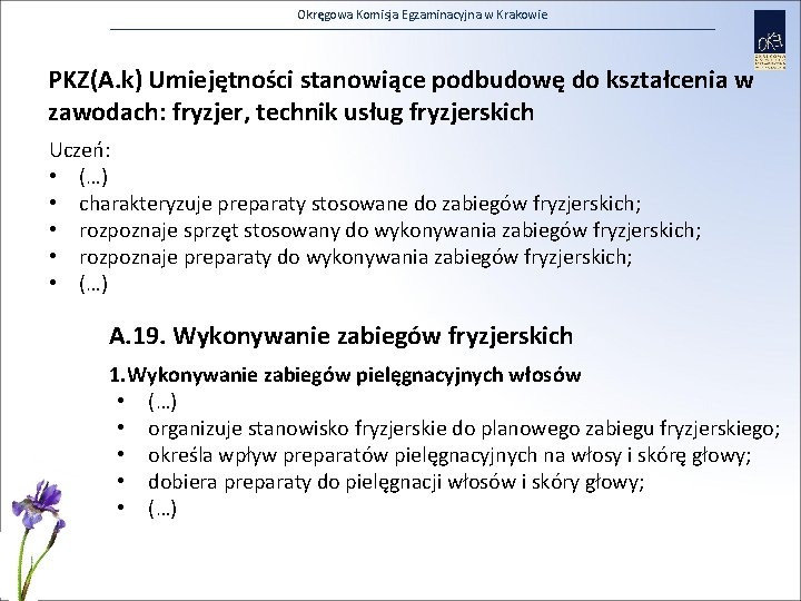 Okręgowa Komisja Egzaminacyjna w Krakowie PKZ(A. k) Umiejętności stanowiące podbudowę do kształcenia w zawodach: