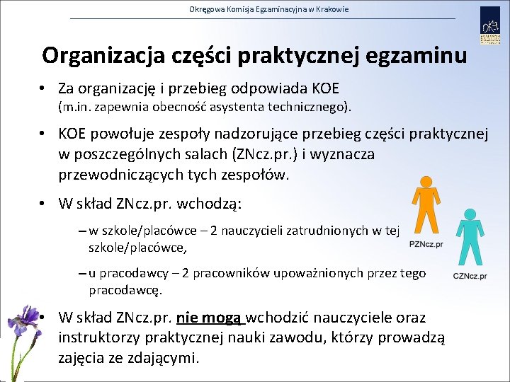 Okręgowa Komisja Egzaminacyjna w Krakowie Organizacja części praktycznej egzaminu • Za organizację i przebieg