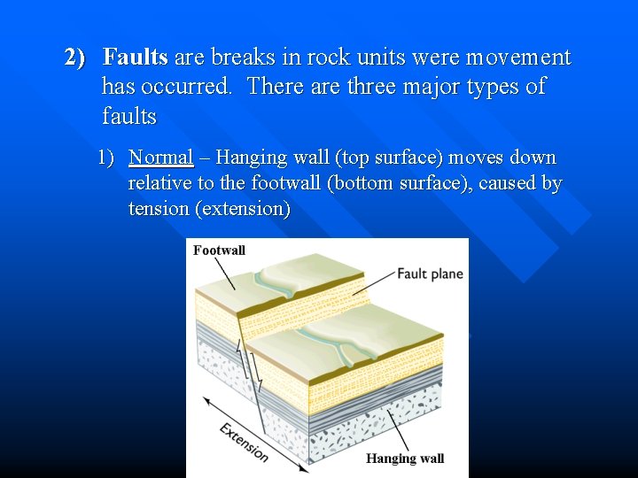 2) Faults are breaks in rock units were movement has occurred. There are three