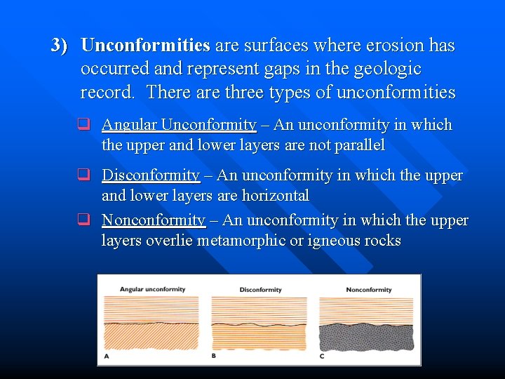 3) Unconformities are surfaces where erosion has occurred and represent gaps in the geologic
