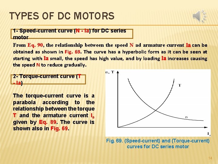 TYPES OF DC MOTORS 1 - Speed-current curve (N - Ia) for DC series TYPES OF DC MOTORS 1 - Speed-current curve (N - Ia) for DC series