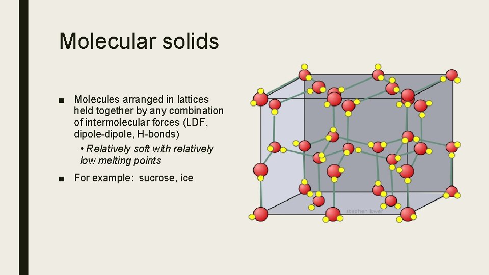 Molecular solids ■ Molecules arranged in lattices held together by any combination of intermolecular