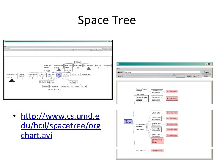 Space Tree • http: //www. cs. umd. e du/hcil/spacetree/org chart. avi Space Tree • http: //www. cs. umd. e du/hcil/spacetree/org chart. avi