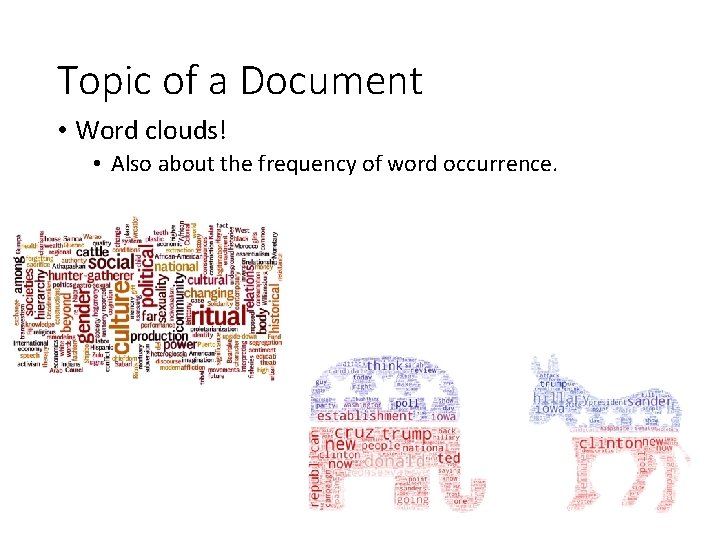 Topic of a Document • Word clouds! • Also about the frequency of word Topic of a Document • Word clouds! • Also about the frequency of word
