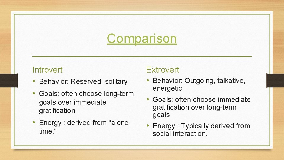 Comparison Introvert • Behavior: Reserved, solitary • Goals: often choose long-term goals over immediate