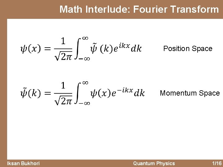 Math Interlude: Fourier Transform Position Space Momentum Space Iksan Bukhori Quantum Physics 1/16 