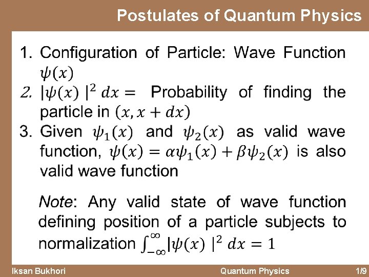 Postulates of Quantum Physics Iksan Bukhori Quantum Physics 1/9 