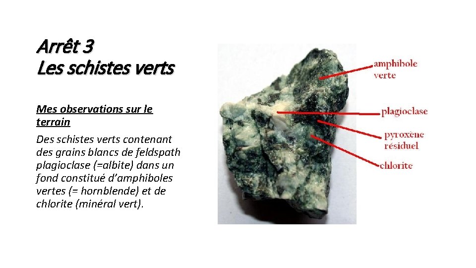 Arrêt 3 Les schistes verts Mes observations sur le terrain Des schistes verts contenant