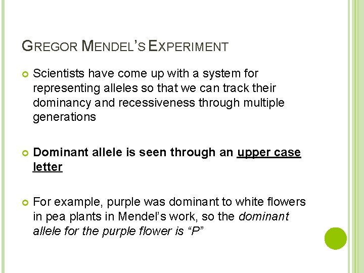 GREGOR MENDEL’S EXPERIMENT Scientists have come up with a system for representing alleles so