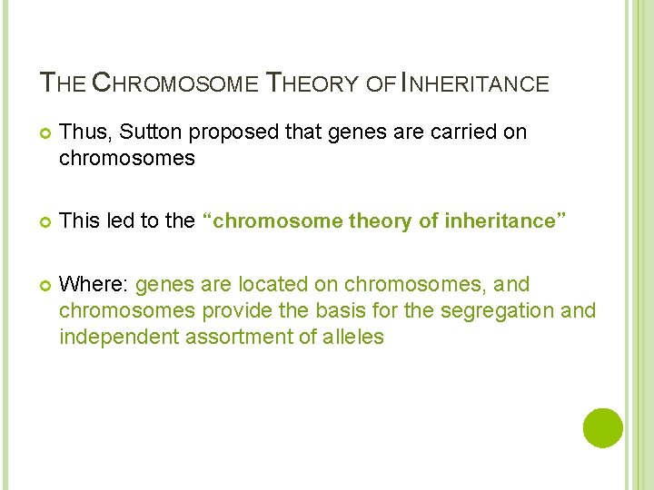 THE CHROMOSOME THEORY OF INHERITANCE Thus, Sutton proposed that genes are carried on chromosomes