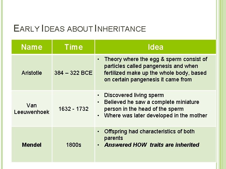 EARLY IDEAS ABOUT INHERITANCE Name Aristotle Van Leeuwenhoek Mendel Time Idea • Theory where