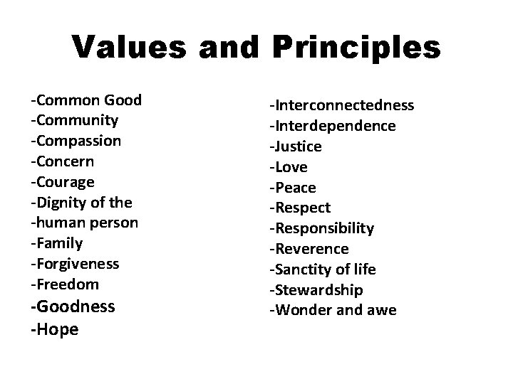 Values and Principles -Common Good -Community -Compassion -Concern -Courage -Dignity of the -human person