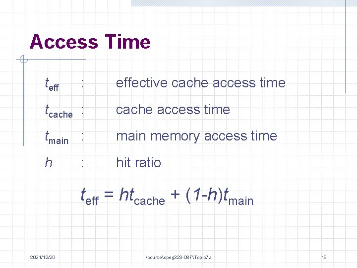 Access Time teff : effective cache access time tcache : cache access time tmain