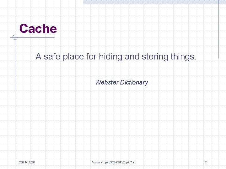 Cache A safe place for hiding and storing things. Webster Dictionary 2021/12/20 coursecpeg 323