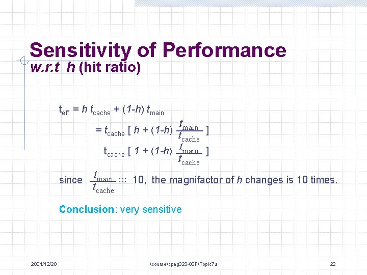 Sensitivity of Performance w. r. t h (hit ratio) teff = h tcache +