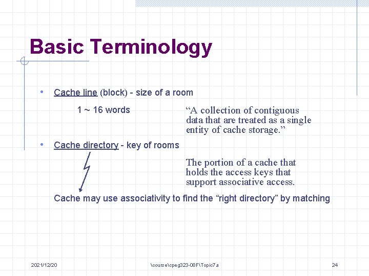 Basic Terminology • Cache line (block) - size of a room “A collection of