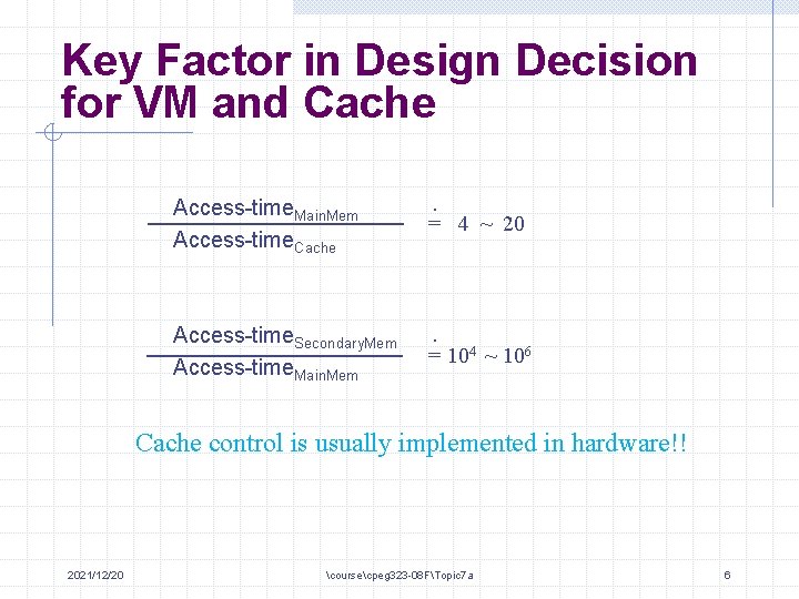 Key Factor in Design Decision for VM and Cache Access-time. Main. Mem Access-time. Cache