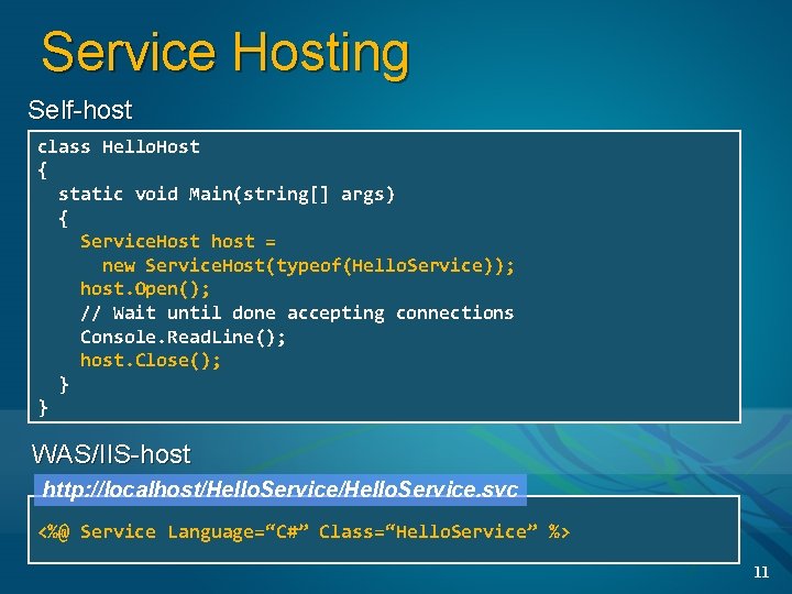 Service Hosting Self-host class Hello. Host { static void Main(string[] args) { Service. Host