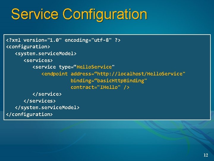 Service Configuration <? xml version="1. 0" encoding="utf-8" ? > <configuration> <system. service. Model> <services>