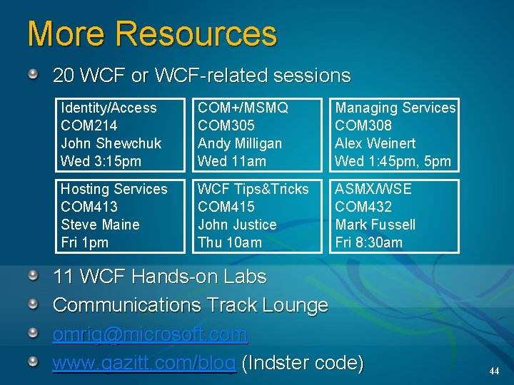 More Resources 20 WCF or WCF-related sessions Identity/Access COM 214 John Shewchuk Wed 3: