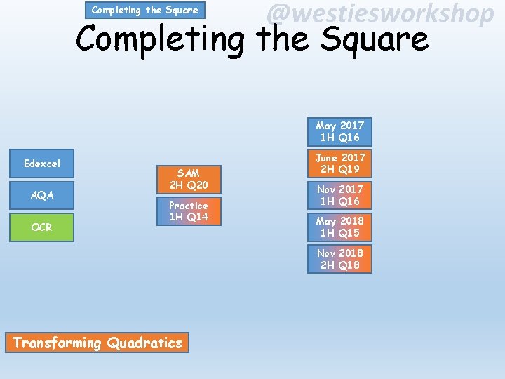 Completing the Square @westiesworkshop Completing the Square May 2017 1 H Q 16 Edexcel
