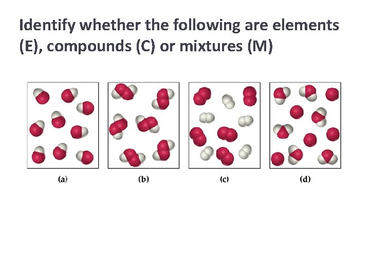 Identify whether the following are elements (E), compounds (C) or mixtures (M) 