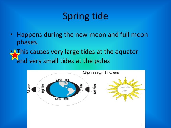 Spring tide • Happens during the new moon and full moon phases. • This