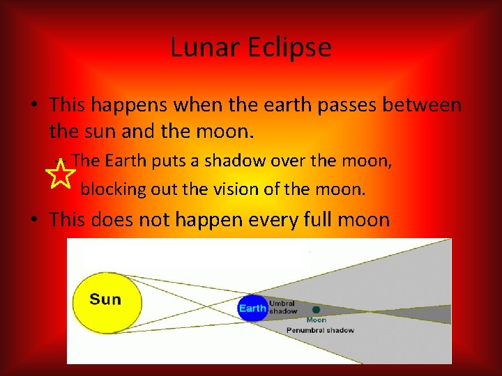 Lunar Eclipse • This happens when the earth passes between the sun and the