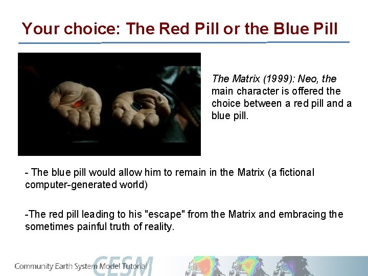 Your choice: The Red Pill or the Blue Pill The Matrix (1999): Neo, the